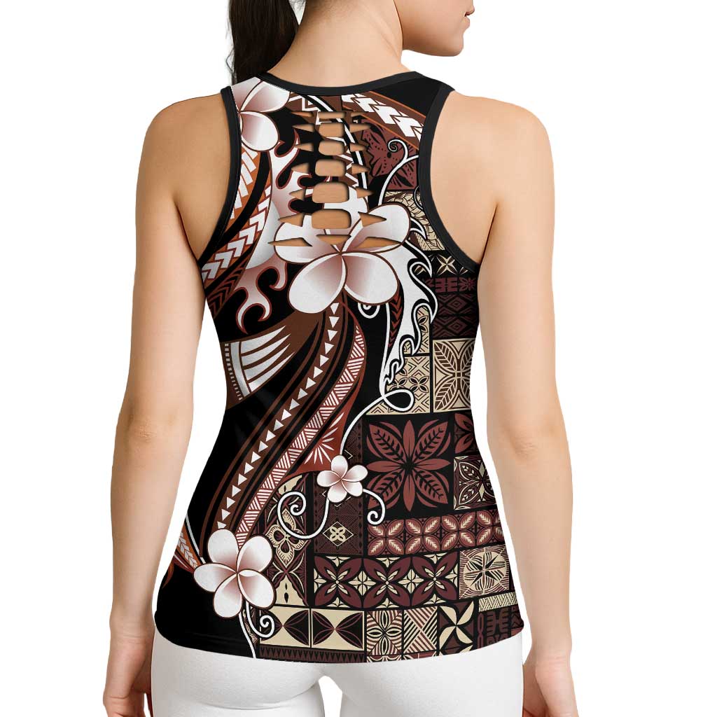 Samoa Siapo Tribal Pattern Hollow Tank Top Brown Polynesian Plumeria Tapa Motif