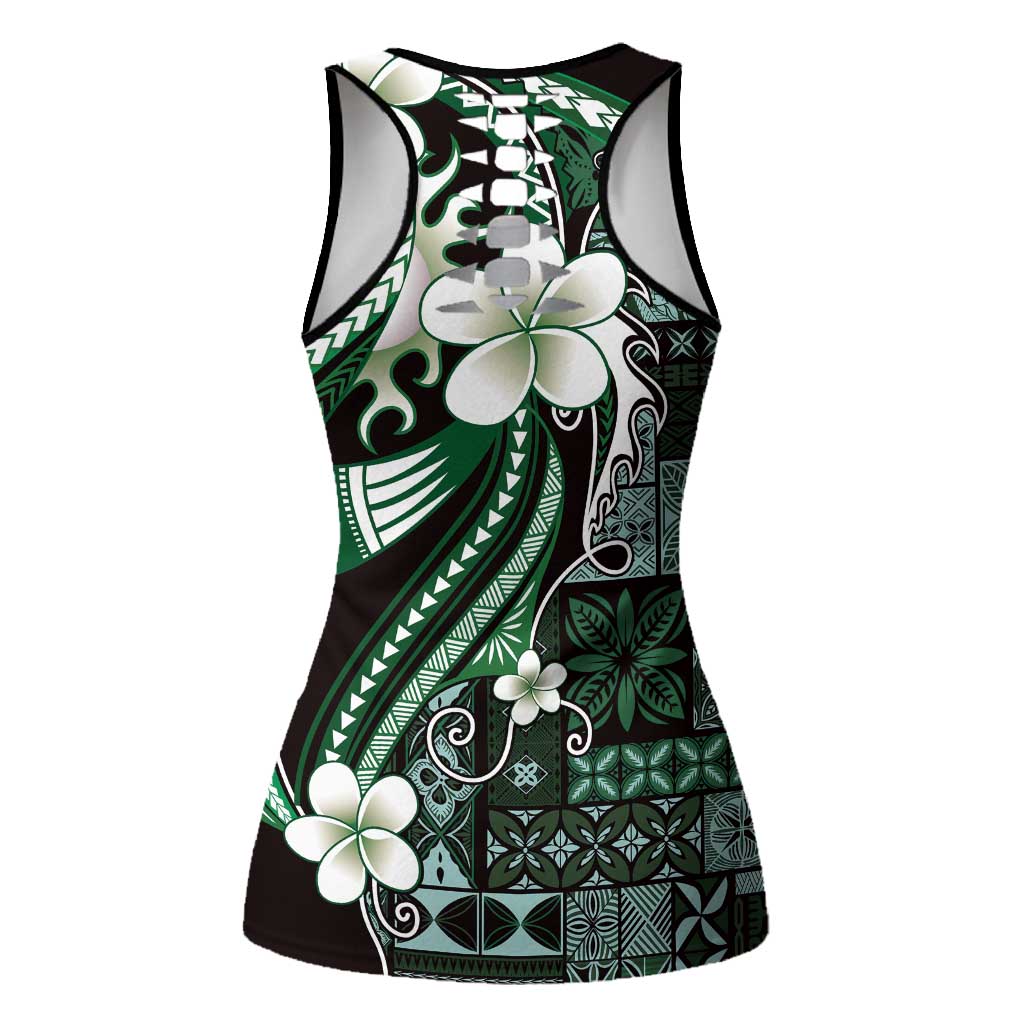 Samoa Siapo Tribal Pattern Hollow Tank Top Forest Green Polynesian Plumeria Tapa Motif