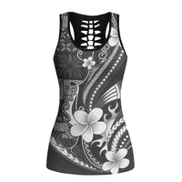 Samoa Siapo Tribal Pattern Hollow Tank Top Light Gray Polynesian Plumeria Tapa Motif