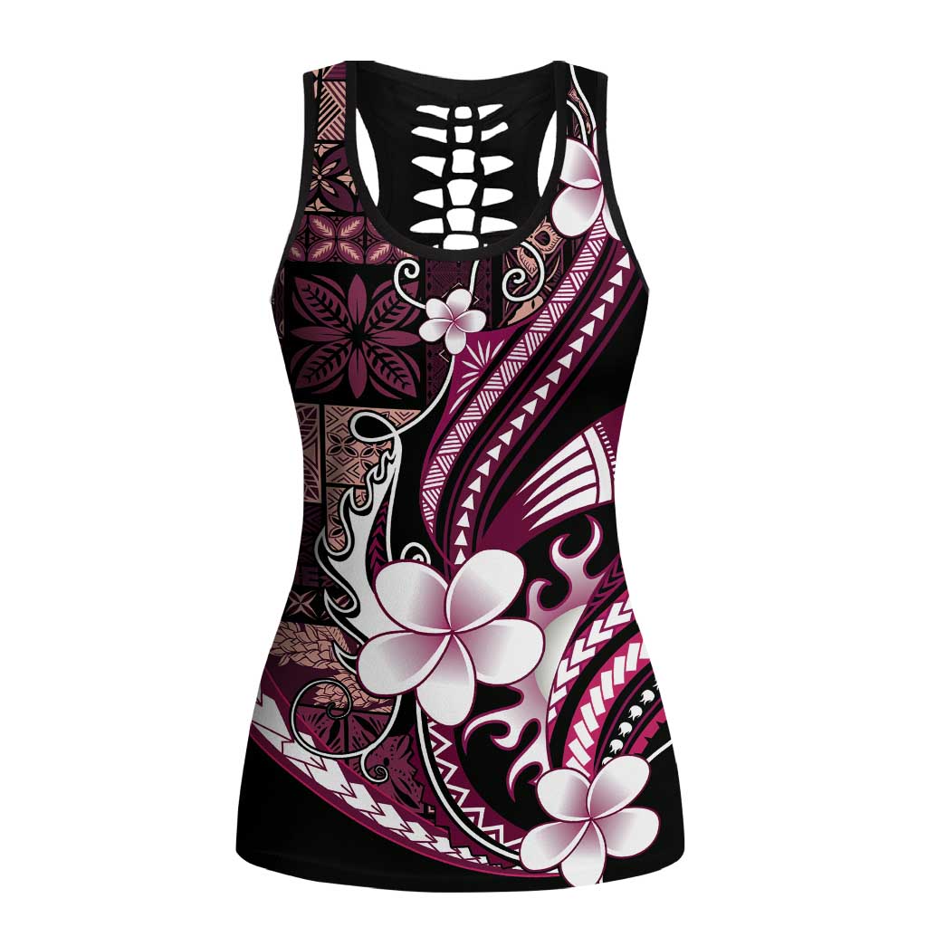 Samoa Siapo Tribal Pattern Hollow Tank Top Violet Polynesian Plumeria Tapa Motif