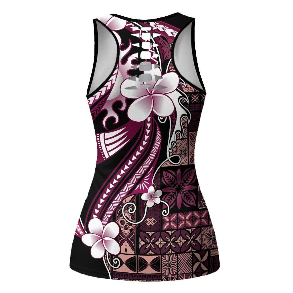 Samoa Siapo Tribal Pattern Hollow Tank Top Violet Polynesian Plumeria Tapa Motif
