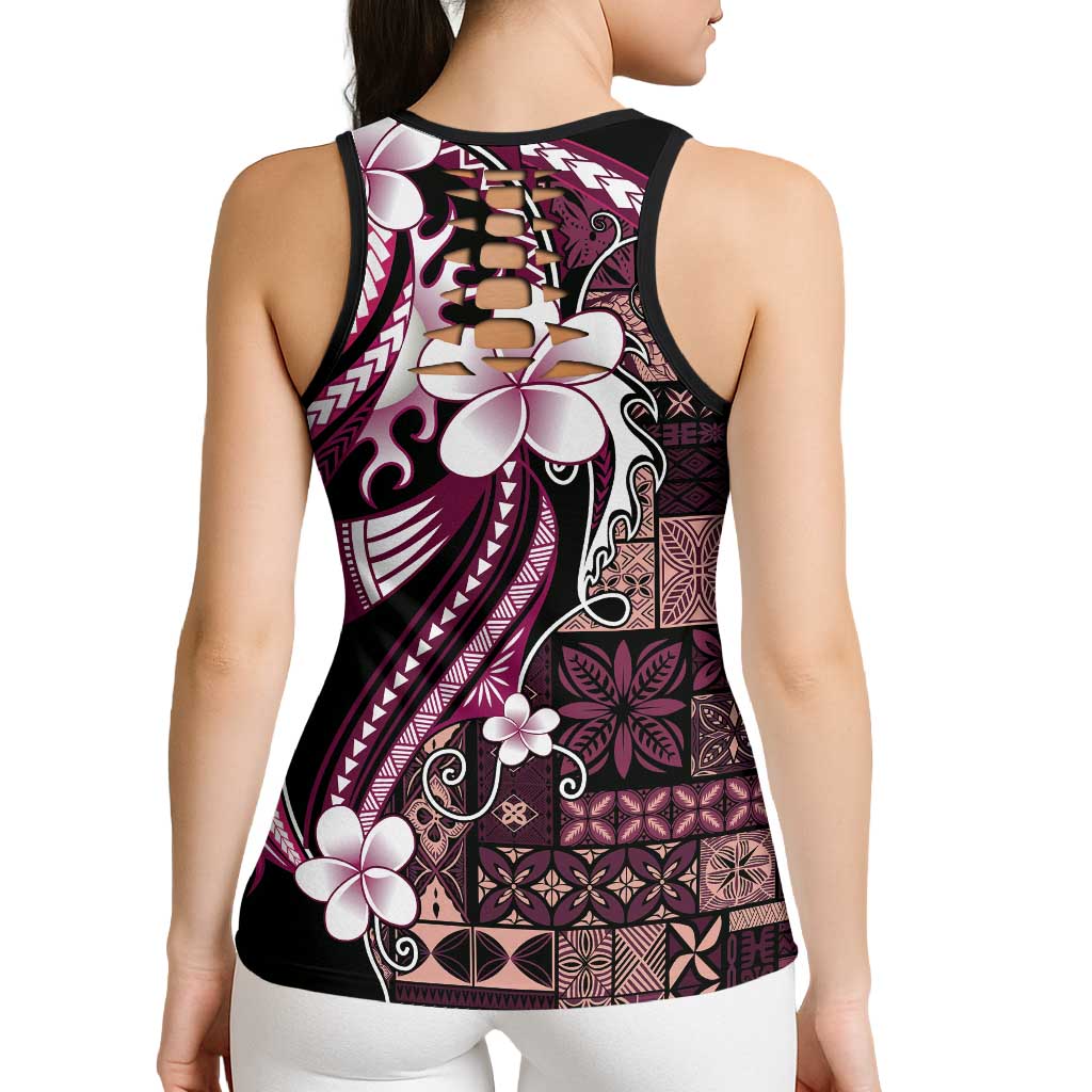Samoa Siapo Tribal Pattern Hollow Tank Top Violet Polynesian Plumeria Tapa Motif