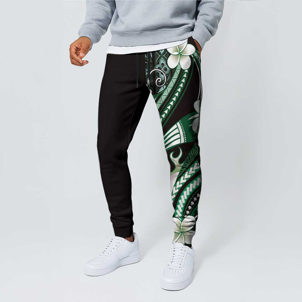 Samoa Siapo Tribal Pattern Jogger Pants Forest Green Polynesian Plumeria Tapa Motif