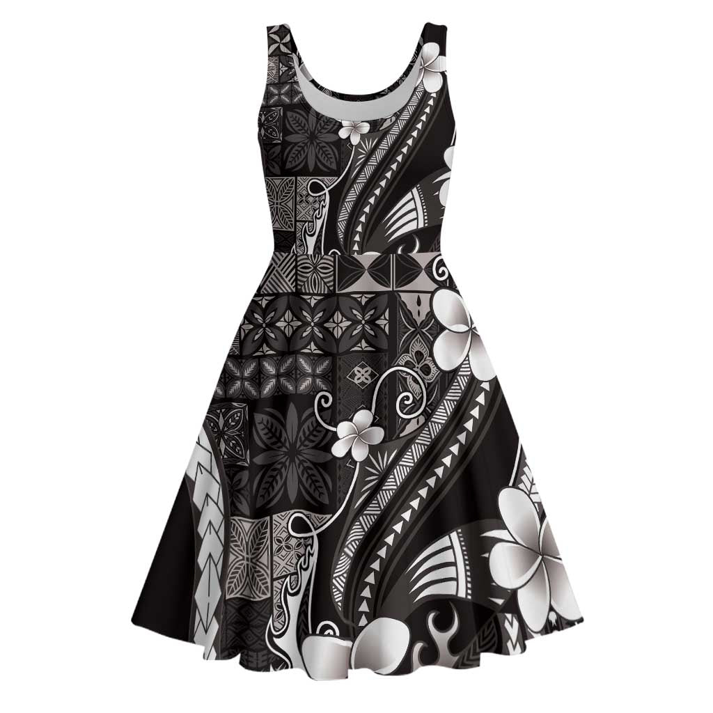Samoa Siapo Tribal Pattern Midi Dress Black Polynesian Plumeria Tapa Motif LT9 Black - Polynesian Pride