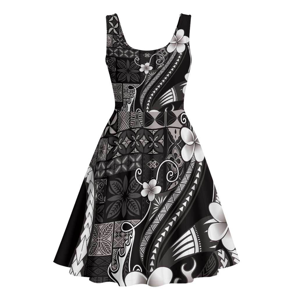 Samoa Siapo Tribal Pattern Midi Dress Black Polynesian Plumeria Tapa Motif LT9 - Polynesian Pride