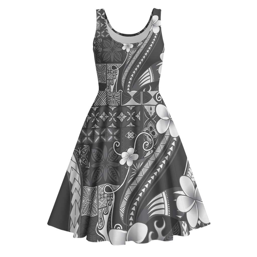 Samoa Siapo Tribal Pattern Midi Dress Light Gray Polynesian Plumeria Tapa Motif LT9 Gray - Polynesian Pride