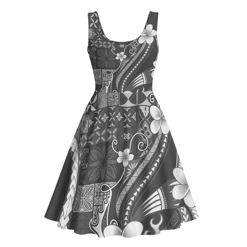 Samoa Siapo Tribal Pattern Midi Dress Light Gray Polynesian Plumeria Tapa Motif LT9 - Polynesian Pride