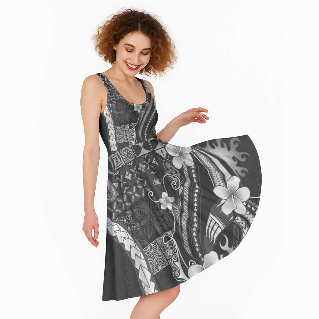 Samoa Siapo Tribal Pattern Midi Dress Light Gray Polynesian Plumeria Tapa Motif LT9 - Polynesian Pride