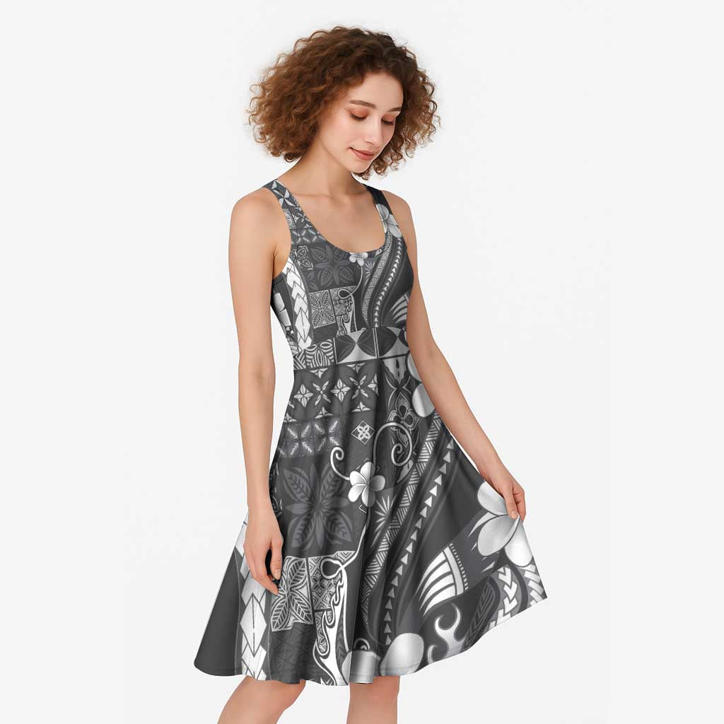 Samoa Siapo Tribal Pattern Midi Dress Light Gray Polynesian Plumeria Tapa Motif LT9 - Polynesian Pride