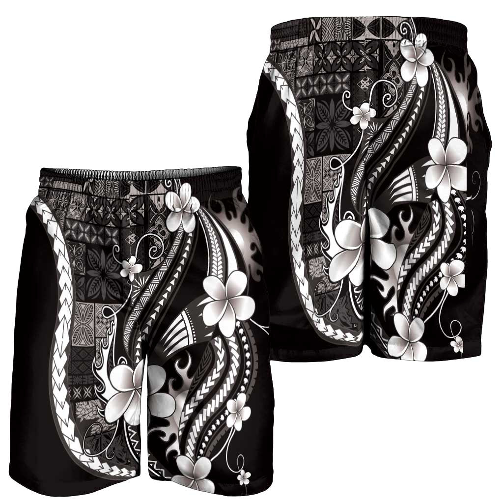 Samoa Siapo Tribal Pattern Shorts for Men Black Polynesian Plumeria Tapa Motif