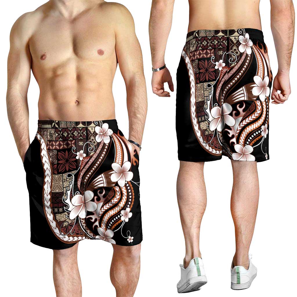 Samoa Siapo Tribal Pattern Shorts for Men Brown Polynesian Plumeria Tapa Motif