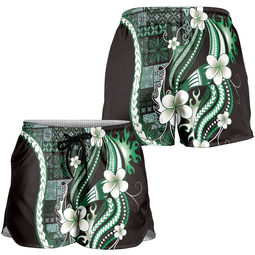 Samoa Siapo Tribal Pattern Shorts for Women Forest Green Polynesian Plumeria Tapa Motif