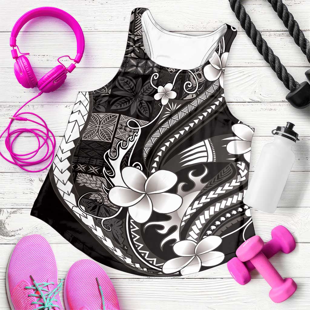 Samoa Siapo Tribal Pattern Women Racerback Tank Black Polynesian Plumeria Tapa Motif