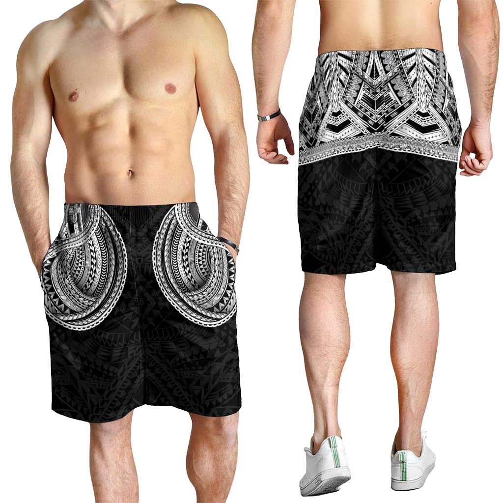 Samoan Traditional Art Tattoos Shorts for Men Tatau Tribal Motifs with Ula Fala Black - Polynesian Pride