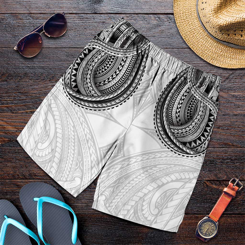 Samoan Traditional Art Tattoos Shorts for Men Tatau Tribal Motifs with Ula Nifo White - Polynesian Pride