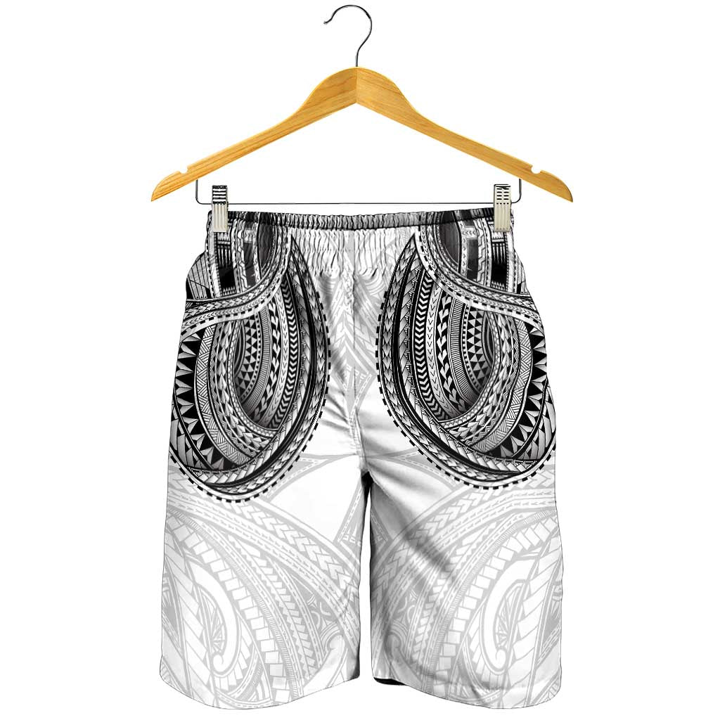 Samoan Traditional Art Tattoos Shorts for Men Tatau Tribal Motifs with Ula Nifo White - Polynesian Pride