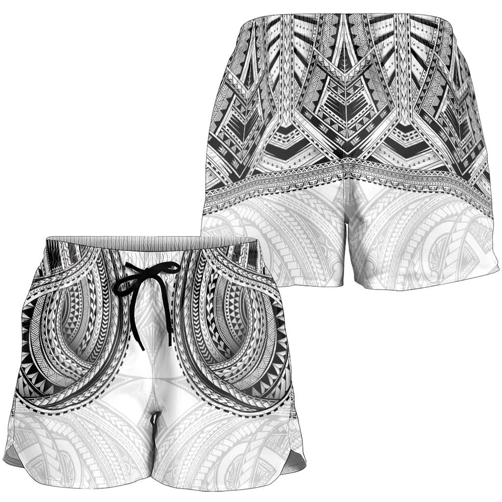 Samoan Traditional Art Tattoos Shorts for Women Tatau Tribal Motifs with Ula Nifo White - Polynesian Pride