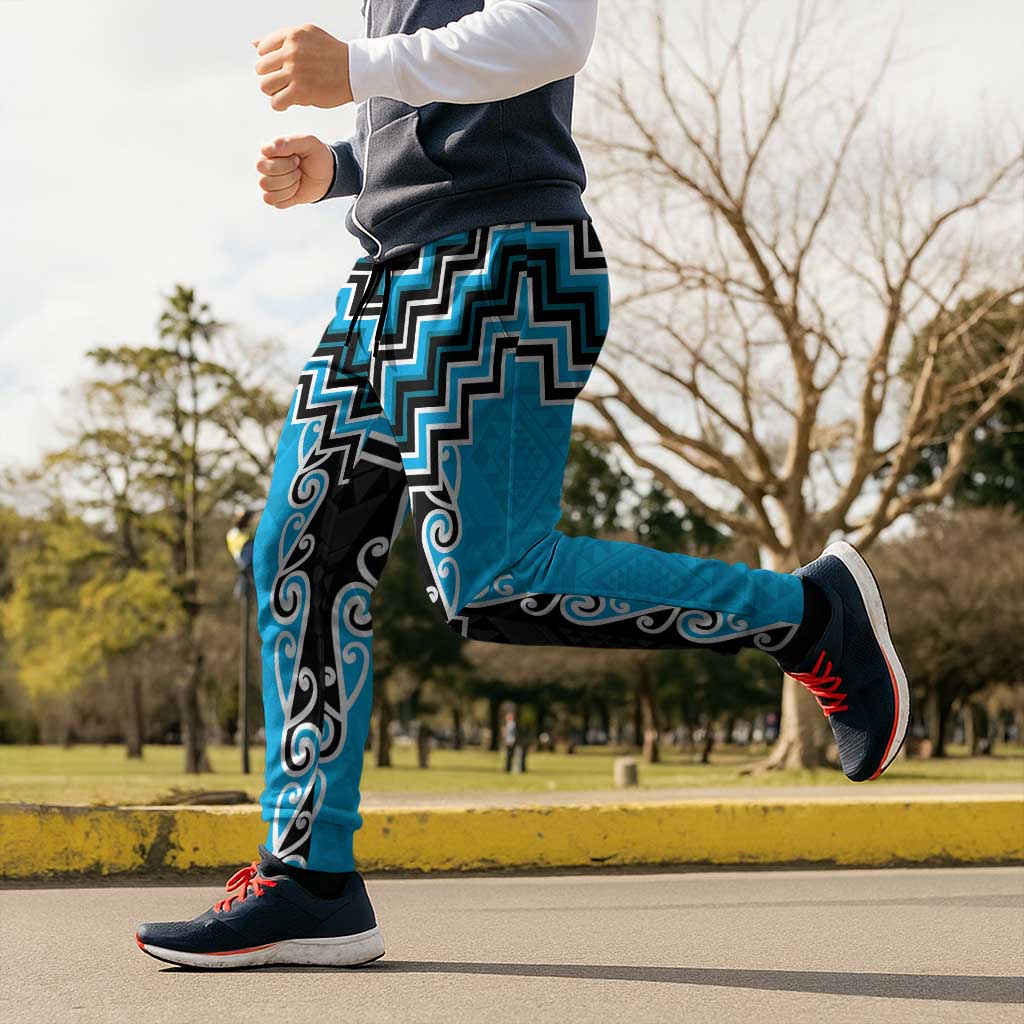 Sky Blue Niho Taniwha Mix Poutama Jogger Pants Unique Taniko Aotearoa - Polynesian Pride
