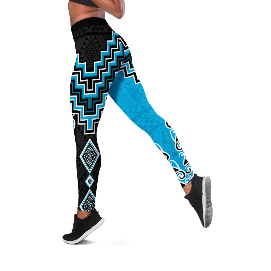 Sky Blue Niho Taniwha Mix Poutama Leggings Unique Taniko Aotearoa - Polynesian Pride