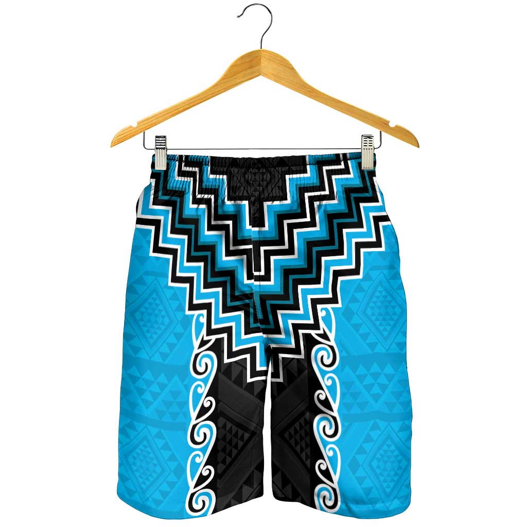 Sky Blue Niho Taniwha Mix Poutama Shorts for Men Unique Taniko Aotearoa - Polynesian Pride