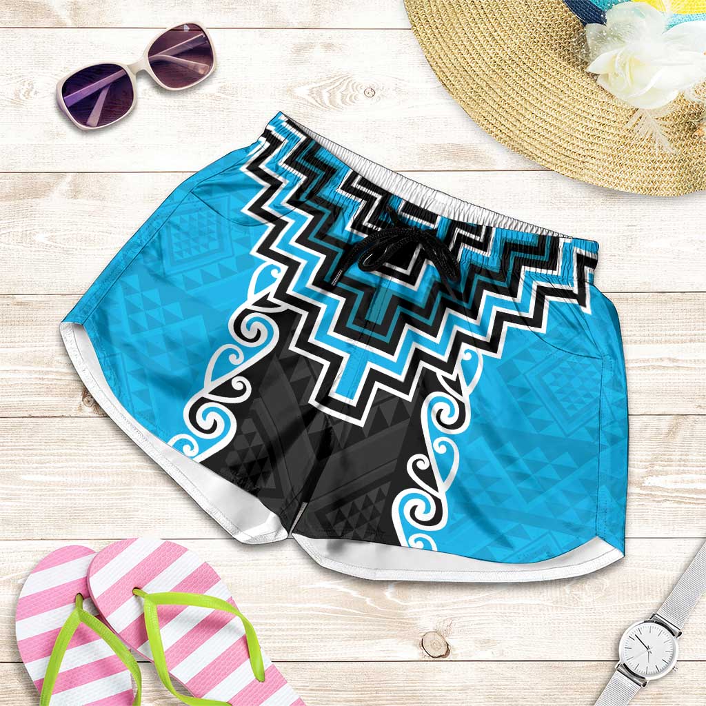 Sky Blue Niho Taniwha Mix Poutama Shorts for Women Unique Taniko Aotearoa - Polynesian Pride