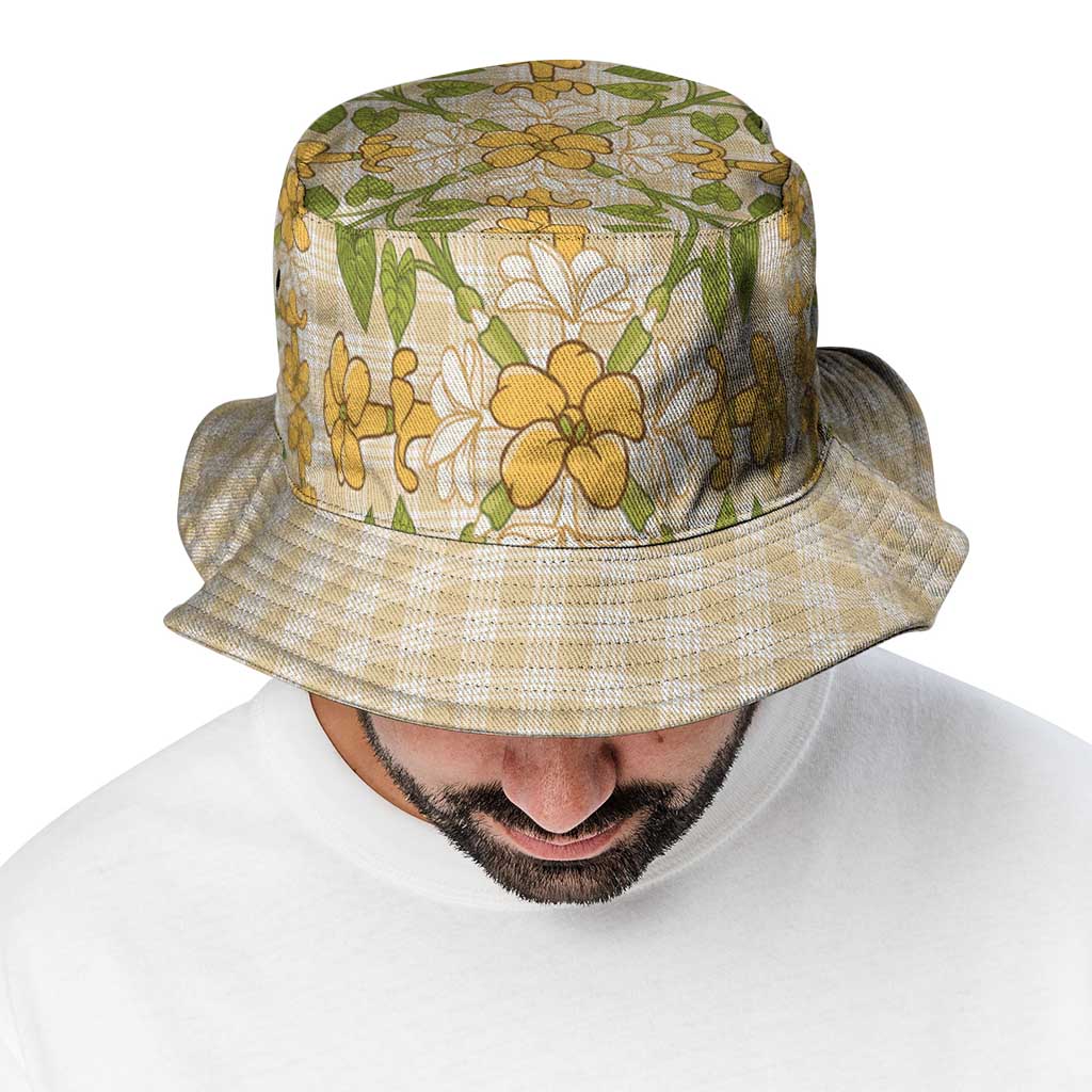 Squares Puakenikeni and Kalo Bucket Hat Beige Palaka Hawaiian Quilt Pattern - Polynesian Pride