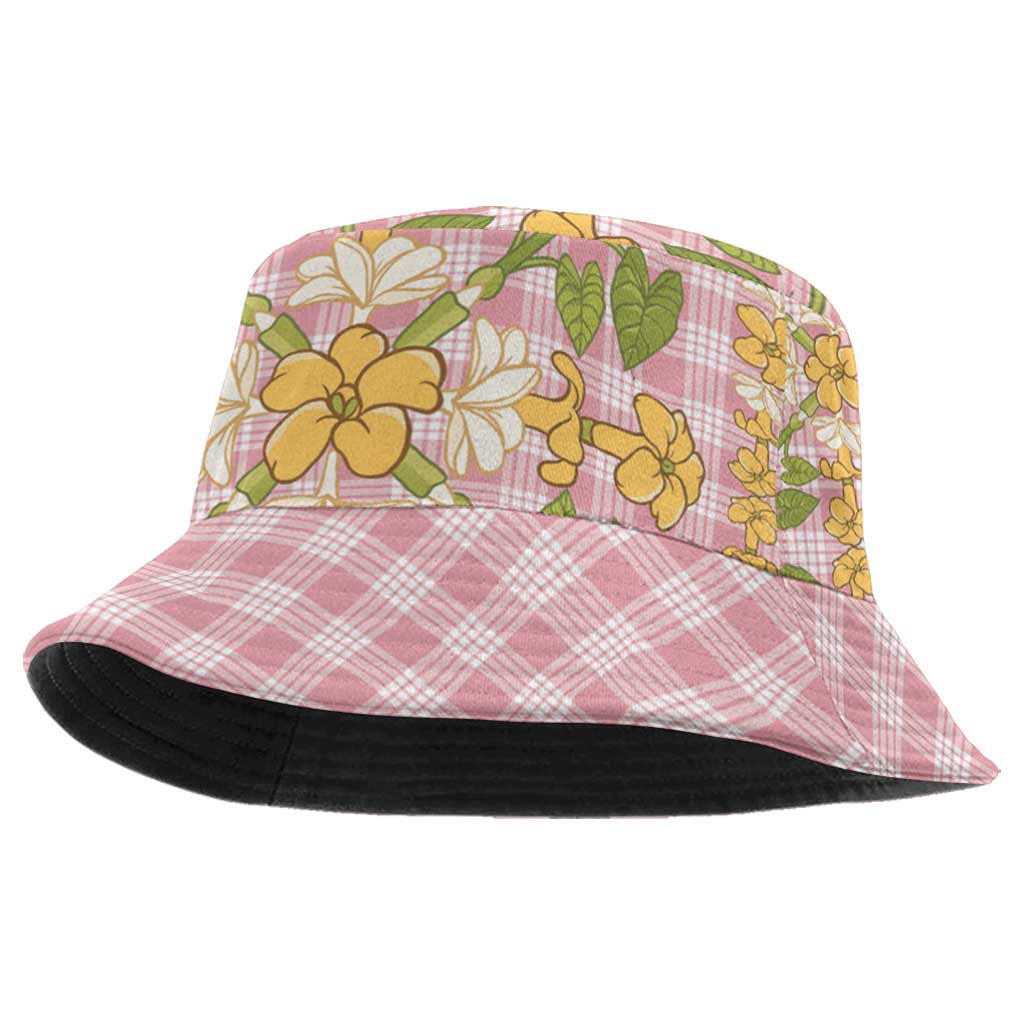 Squares Puakenikeni and Kalo Bucket Hat Pink Palaka Hawaiian Quilt Pattern - Polynesian Pride