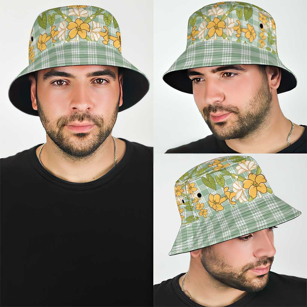 Squares Puakenikeni and Kalo Bucket Hat Turquoise Palaka Hawaiian Quilt Pattern - Polynesian Pride