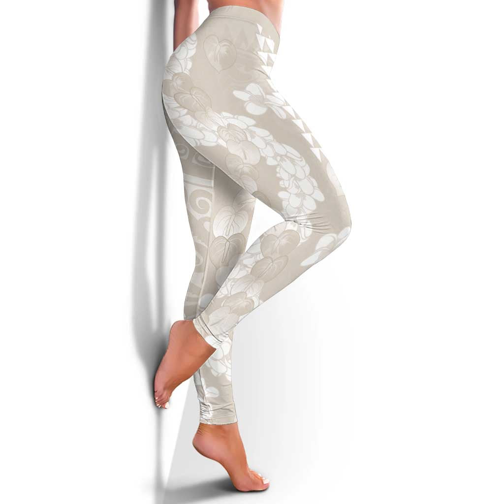 Suede Beige Hawaii Anthurium Plumeria Lei Leggings