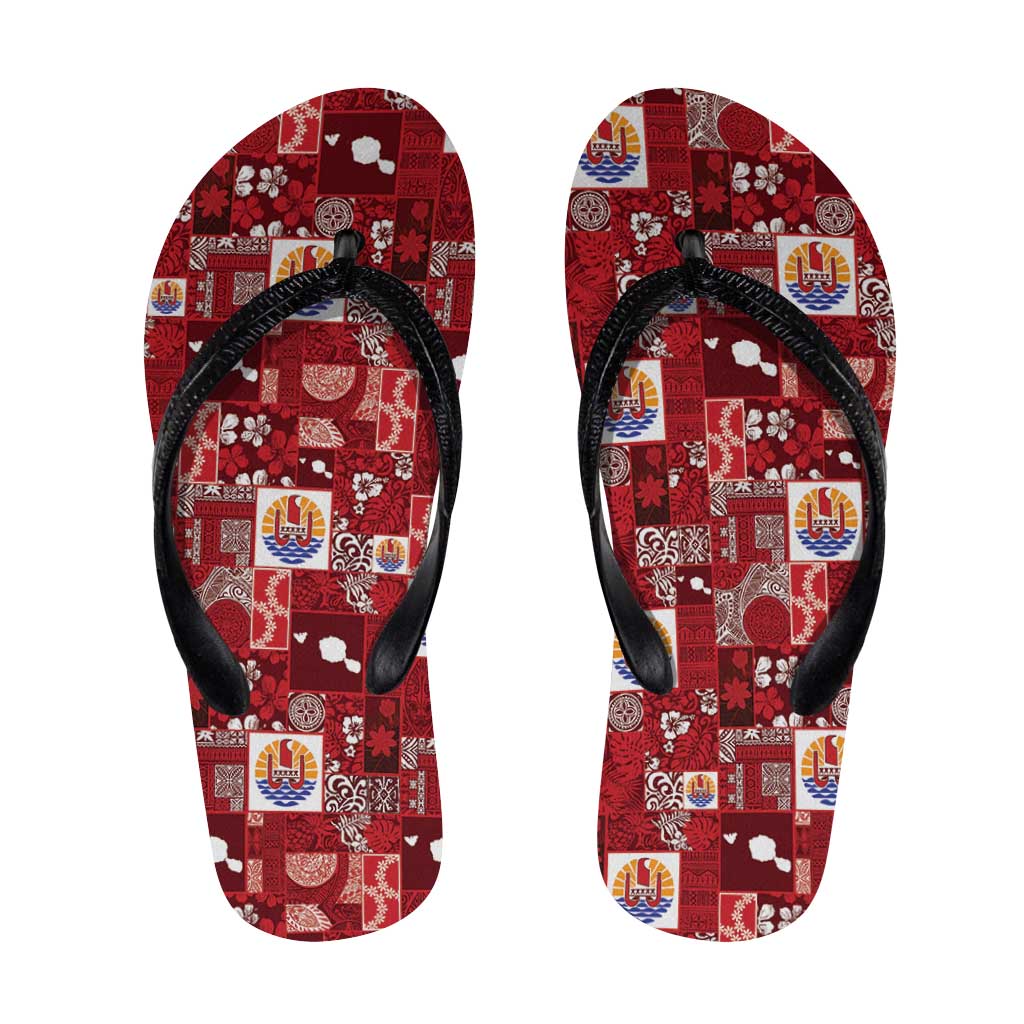 Tahiti Oaoa I Teie Noera Flip Flops Pacific Patchwork Xmas Vibes - Polynesian Pride