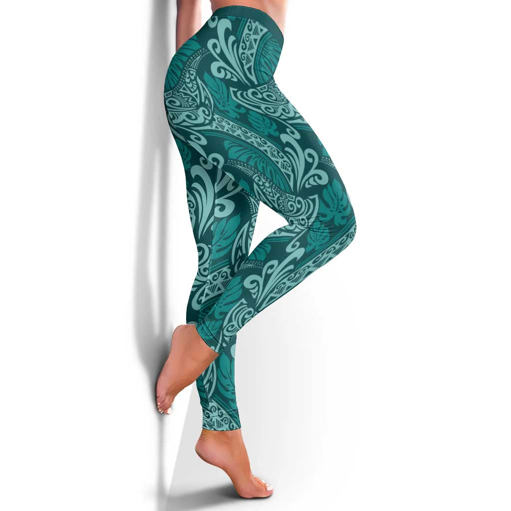 Teal Monstera Leggings - Polynesian Tribal Pattern LT01 - Polynesian Pride