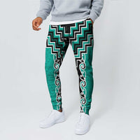 Teal Niho Taniwha Mix Poutama Jogger Pants Unique Taniko Aotearoa - Polynesian Pride