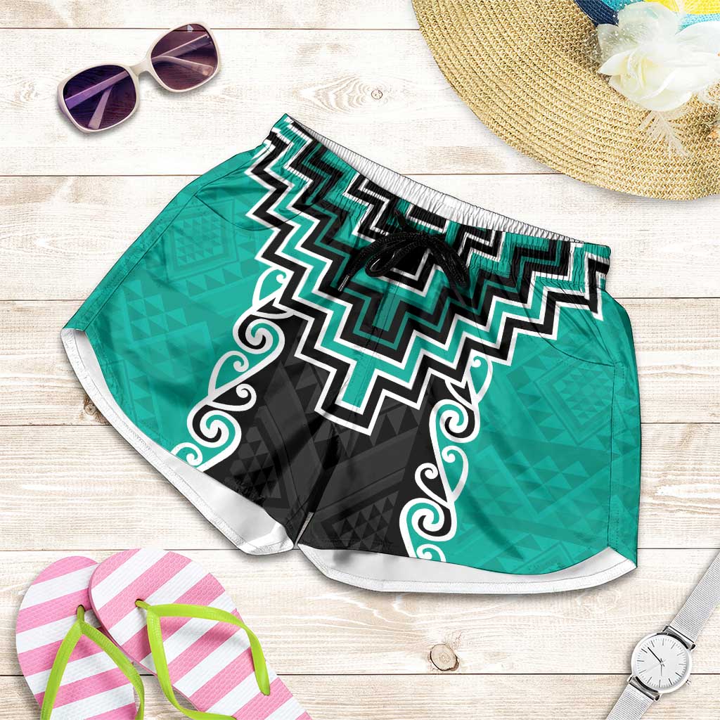 Teal Niho Taniwha Mix Poutama Shorts for Women Unique Taniko Aotearoa LT01 Teal - Polynesian Pride