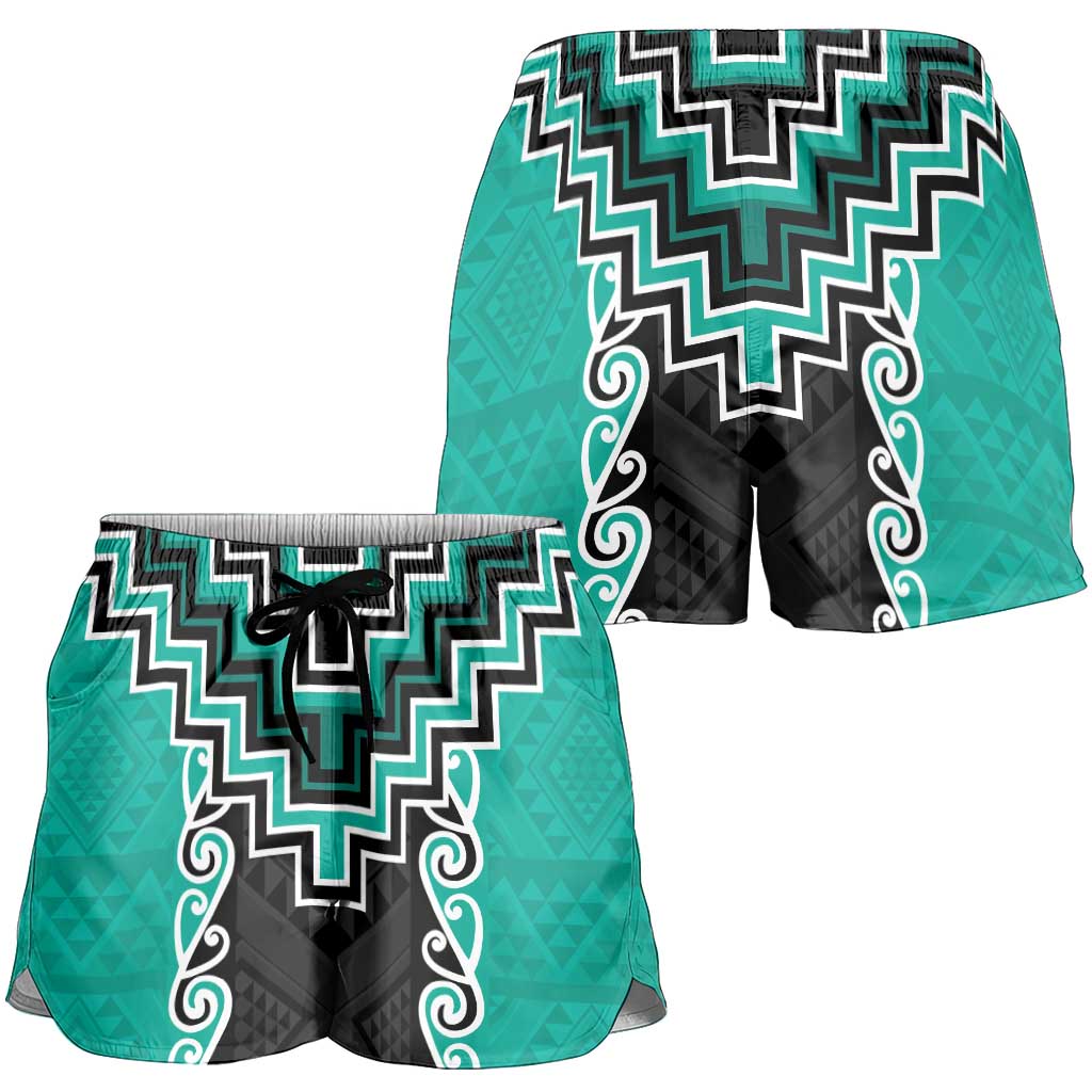 Teal Niho Taniwha Mix Poutama Shorts for Women Unique Taniko Aotearoa LT01 - Polynesian Pride