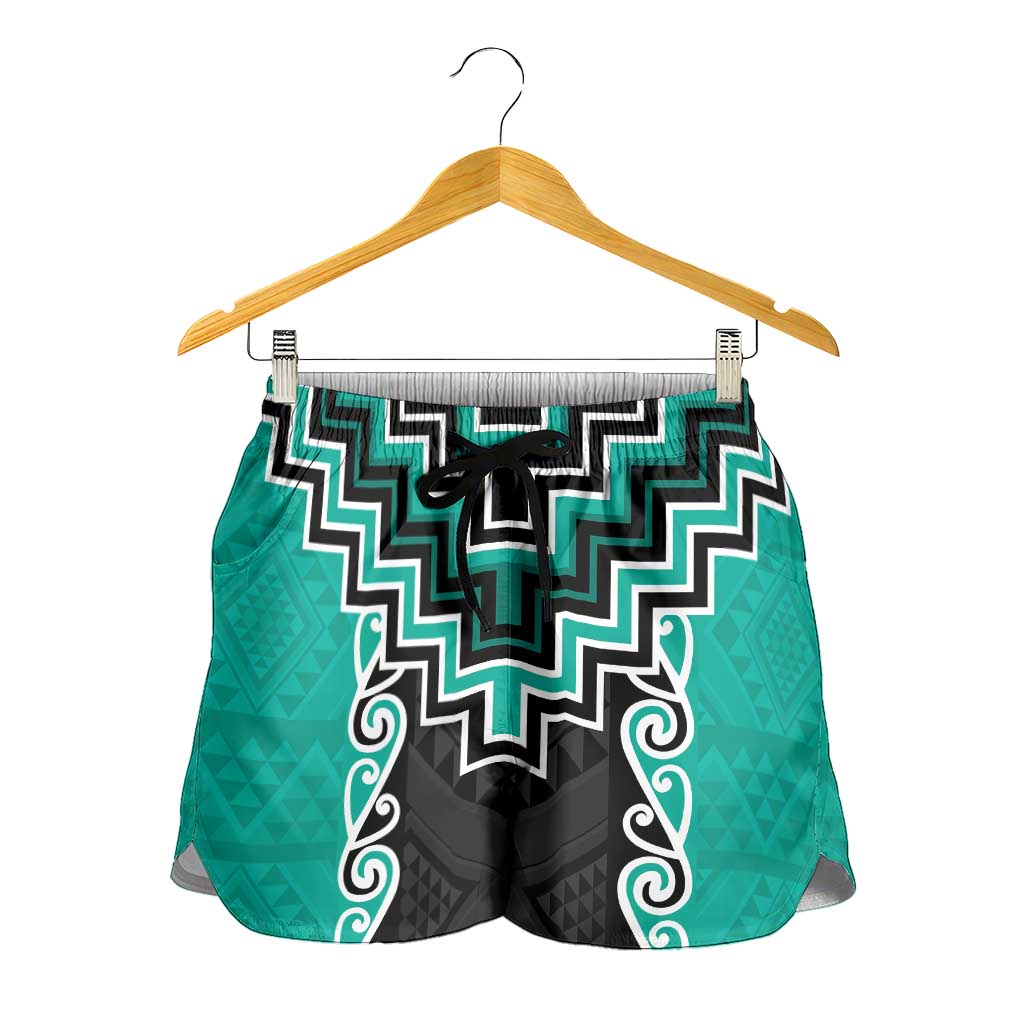 Teal Niho Taniwha Mix Poutama Shorts for Women Unique Taniko Aotearoa LT01 - Polynesian Pride