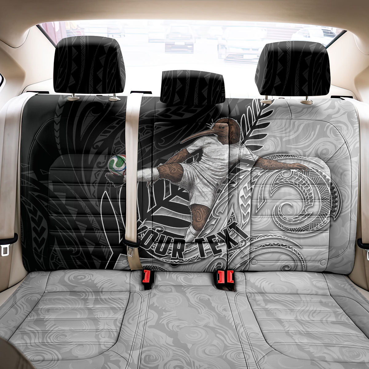 Personalized New Zealand Football Back Car Seat Cover Kiwi Mascot with Silver Fern - Maori Tribal Tattoo Art