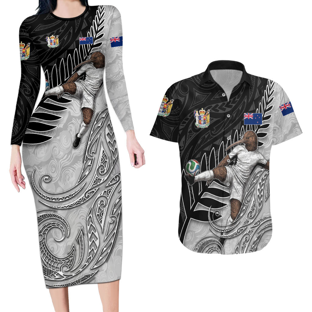Personalized New Zealand Football Couples Matching Long Sleeve Bodycon Dress and Hawaiian Shirt Kiwi Mascot with Silver Fern - Maori Tribal Tattoo Art