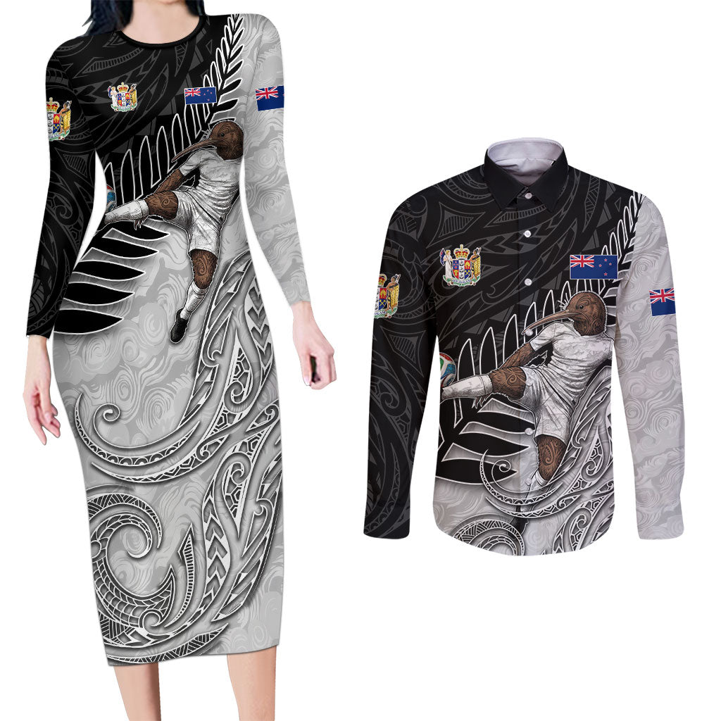 Personalized New Zealand Football Couples Matching Long Sleeve Bodycon Dress and Long Sleeve Button Shirt Kiwi Mascot with Silver Fern - Maori Tribal Tattoo Art