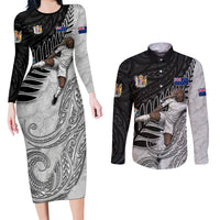 Personalized New Zealand Football Couples Matching Long Sleeve Bodycon Dress and Long Sleeve Button Shirt Kiwi Mascot with Silver Fern - Maori Tribal Tattoo Art
