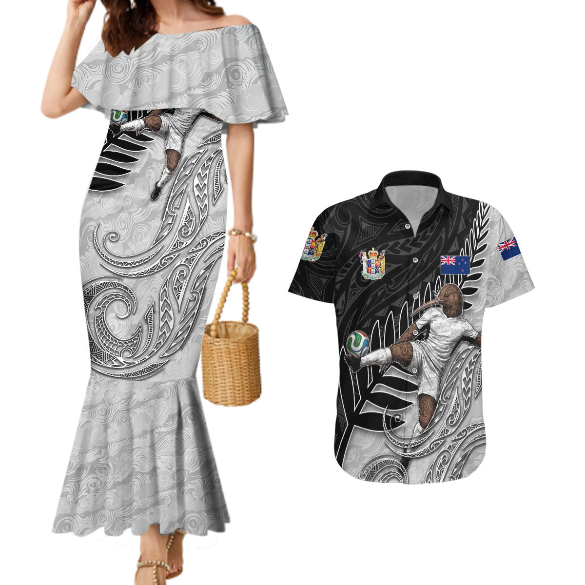 Personalized New Zealand Football Couples Matching Mermaid Dress and Hawaiian Shirt Kiwi Mascot with Silver Fern - Maori Tribal Tattoo Art