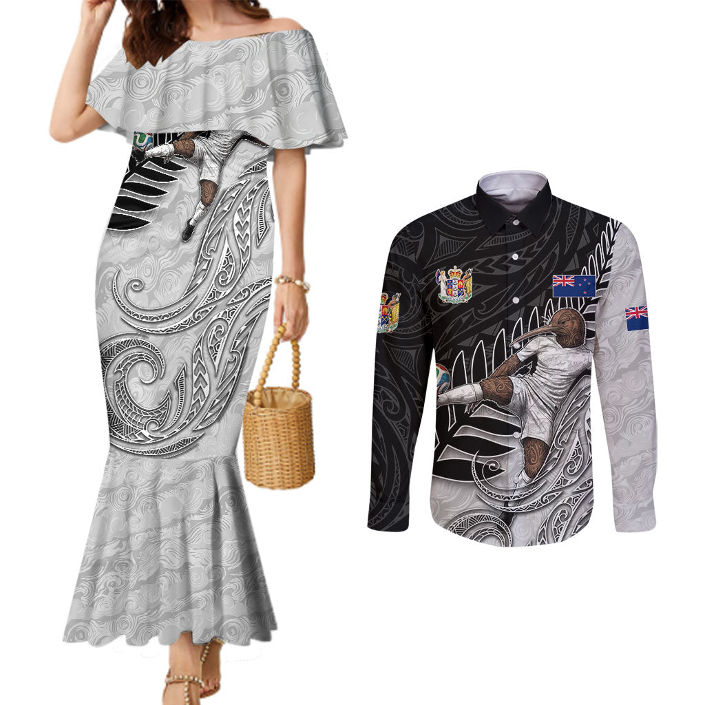 Personalized New Zealand Football Couples Matching Mermaid Dress and Long Sleeve Button Shirt Kiwi Mascot with Silver Fern - Maori Tribal Tattoo Art TS04 Black White - Polynesian Pride