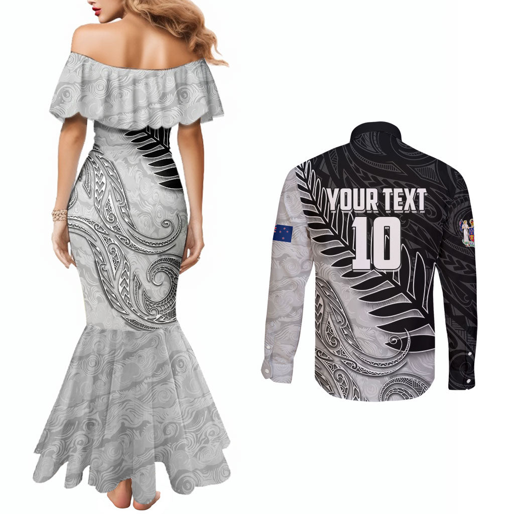 Personalized New Zealand Football Couples Matching Mermaid Dress and Long Sleeve Button Shirt Kiwi Mascot with Silver Fern - Maori Tribal Tattoo Art TS04 - Polynesian Pride
