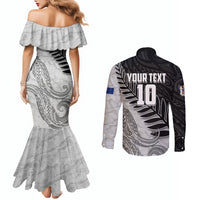 Personalized New Zealand Football Couples Matching Mermaid Dress and Long Sleeve Button Shirt Kiwi Mascot with Silver Fern - Maori Tribal Tattoo Art TS04 - Polynesian Pride