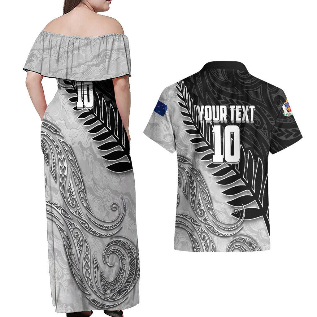 Personalized New Zealand Football Couples Matching Off Shoulder Maxi Dress and Hawaiian Shirt Kiwi Mascot with Silver Fern - Maori Tribal Tattoo Art