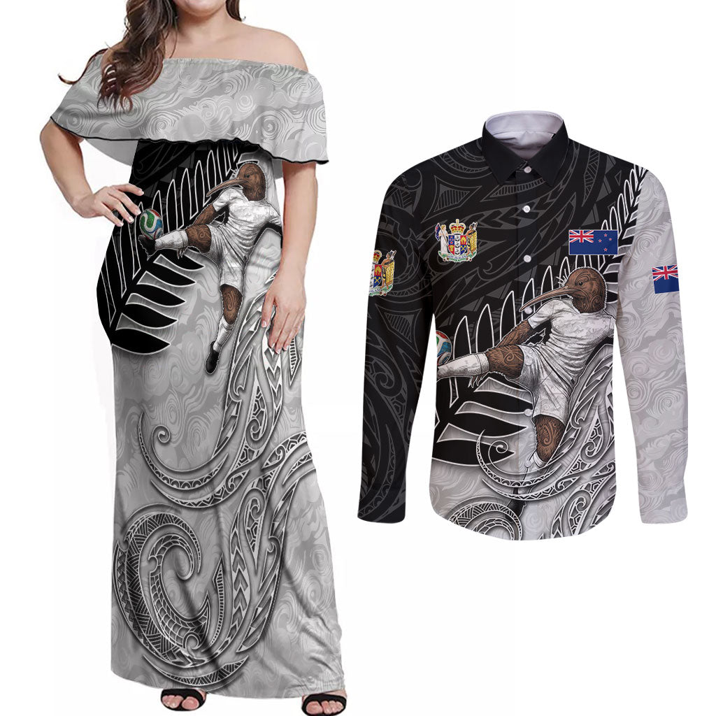 Personalized New Zealand Football Couples Matching Off Shoulder Maxi Dress and Long Sleeve Button Shirt Kiwi Mascot with Silver Fern - Maori Tribal Tattoo Art TS04 Black White - Polynesian Pride
