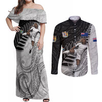 Personalized New Zealand Football Couples Matching Off Shoulder Maxi Dress and Long Sleeve Button Shirt Kiwi Mascot with Silver Fern - Maori Tribal Tattoo Art TS04 Black White - Polynesian Pride