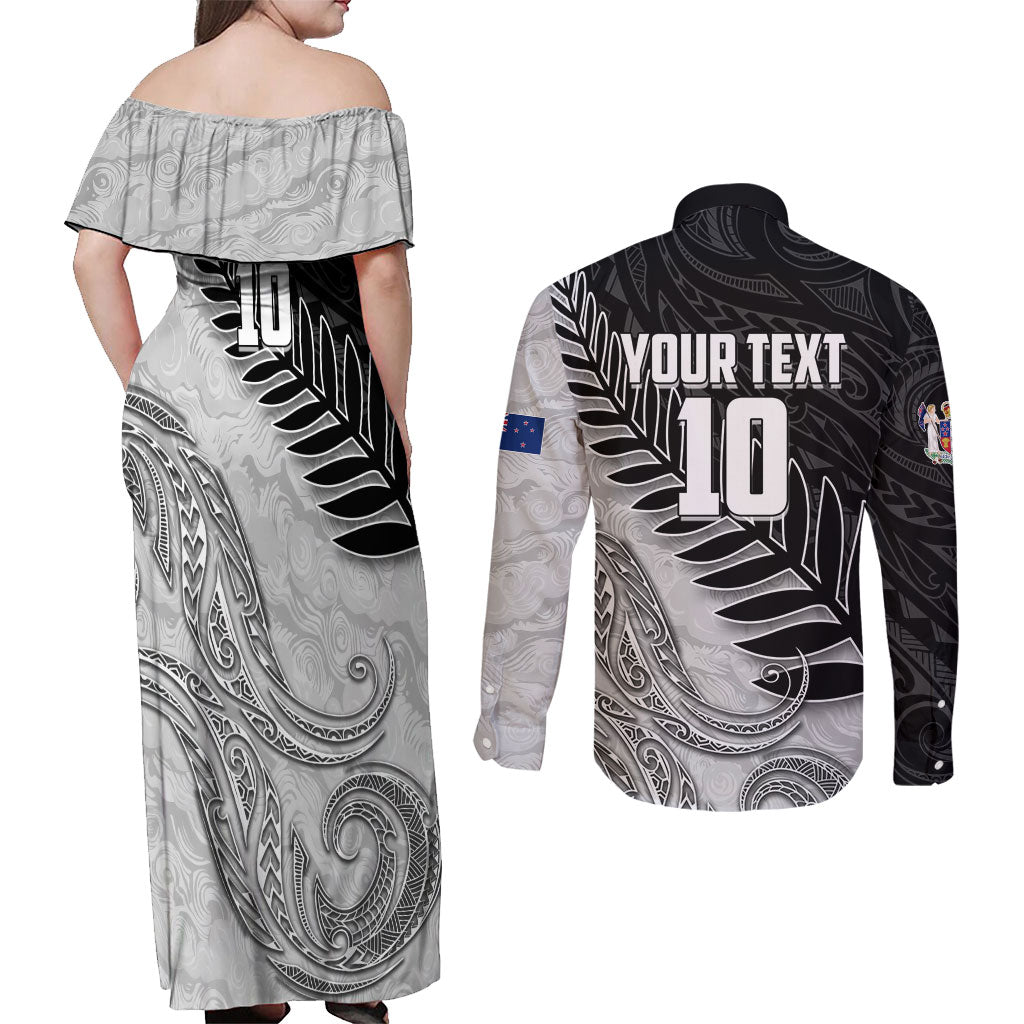 Personalized New Zealand Football Couples Matching Off Shoulder Maxi Dress and Long Sleeve Button Shirt Kiwi Mascot with Silver Fern - Maori Tribal Tattoo Art TS04 - Polynesian Pride