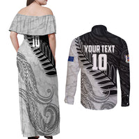 Personalized New Zealand Football Couples Matching Off Shoulder Maxi Dress and Long Sleeve Button Shirt Kiwi Mascot with Silver Fern - Maori Tribal Tattoo Art TS04 - Polynesian Pride