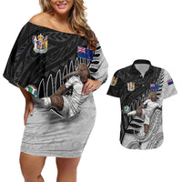 Personalized New Zealand Football Couples Matching Off Shoulder Short Dress and Hawaiian Shirt Kiwi Mascot with Silver Fern - Maori Tribal Tattoo Art TS04 Black White - Polynesian Pride