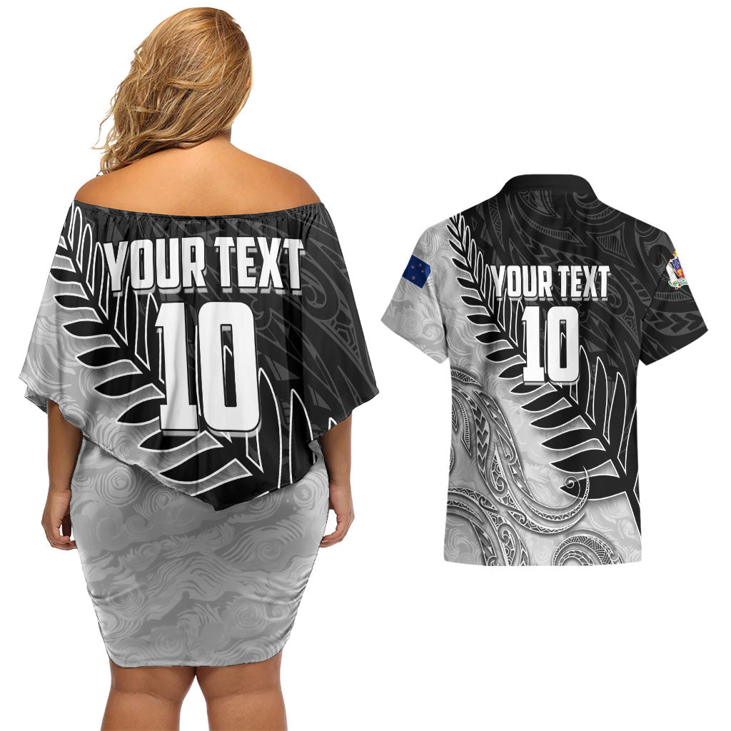 Personalized New Zealand Football Couples Matching Off Shoulder Short Dress and Hawaiian Shirt Kiwi Mascot with Silver Fern - Maori Tribal Tattoo Art TS04 - Polynesian Pride